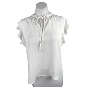 Ann Taylor Women's White Ruffle Flutter Sleeve Tie V-Neck Blouse Top Size XS